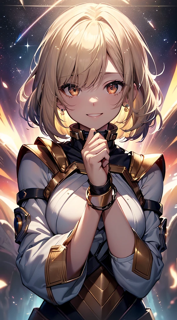 top-quality、Top image quality、​masterpiece、girl with((18year old、Cosmic Metallic Armor、Best Bust、Bust 90、a blond、Semi-long、Glowing eyes、open chest wide、Valley、Happiness、Luminous Chain Accessories、Cosmic Accessories、weightless、fists up、The best smile、Laser from both hands,top down、Reflecting the whole body、Looking up at the viewer）hiquality、visualart、Background with(spaces、stele々、kosmos))、masutepiece、Best graphics、Super delicate