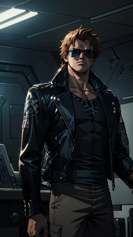 (1boy, trm), (extremely detailed CG unit 8k wallpaper),(master part), (best quality), (ultra detail), (best illustration),(melhor ombre), cowboy shot, (Sharp eyeliner, ombre, detailed eyes:1), Spaceship bridge, break , (one piece style), upper body, normal hair,punk coat, cargo pants, black leather jacket, sunglasses