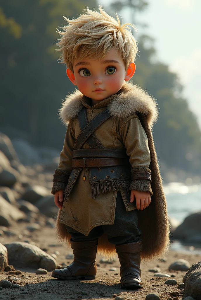 A male  is dressed in Viking clothing and has dirty blonde hair 
