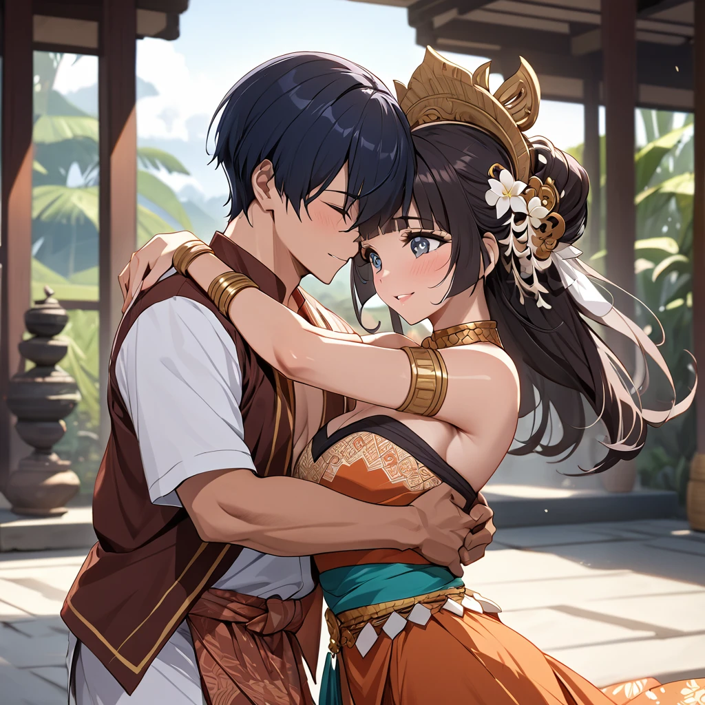 ((Highest quality)), ((masterpiece)), (detailed), （Perfect Face）、The woman is Aoki Reika, a brown-skinned Indonesian with semi-long hair.、A woman is dancing a Balinese dance in a Balinese costume in Bali, Indonesia, and is embraced and proposed to by a man.