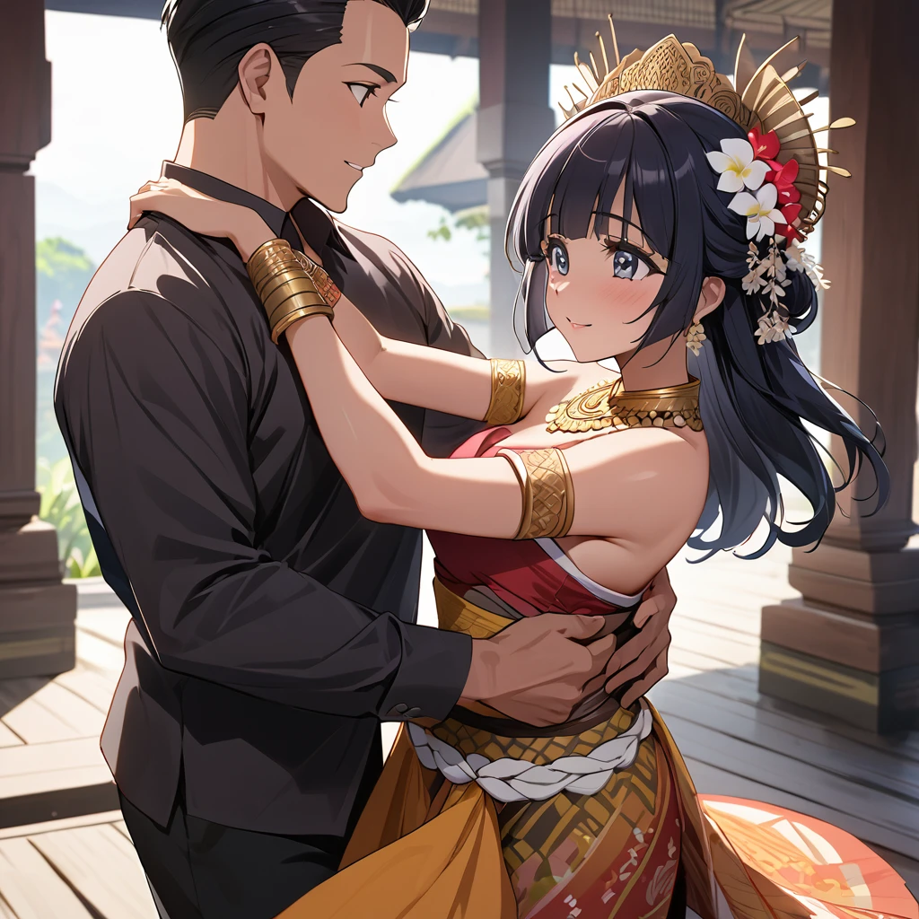 ((Highest quality)), ((masterpiece)), (detailed), (Perfect Face)、The woman is Aoki Reika, a brown-skinned Indonesian with semi-long hair.、A woman is dancing a Balinese dance in a Balinese costume in Bali, Indonesia, and is embraced and proposed to by a man.