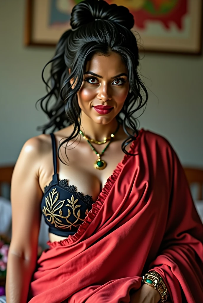 wolf cut hairstyle erotic hindu wife, sitting on chair, full body, front facing to camera, 8K, super realistic, huge big breast, super big fake lips red lipstick super delicious body saree bra sexy body