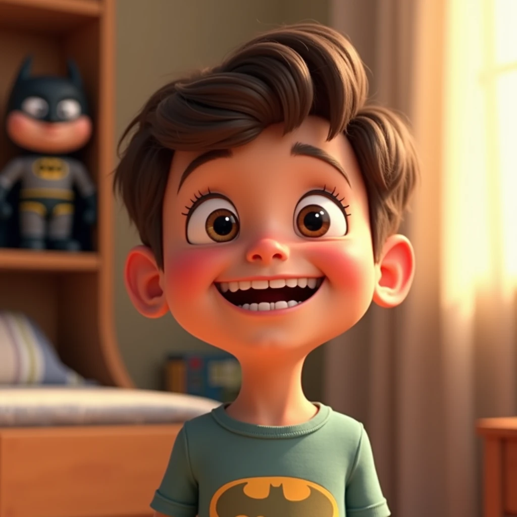 Image type: Pixar cartoon of a  boy, short brown hair, big cage eyes, Expression of a happy and friendly child. The boy is smiling and looking at the shelf where his Batman toy is and he is winking at him