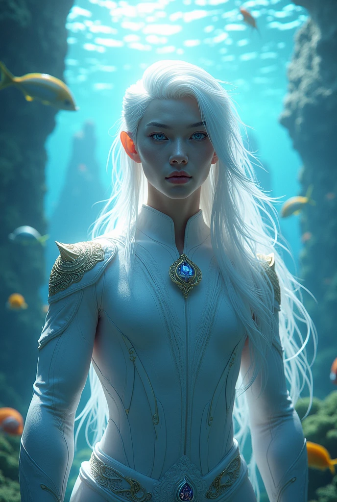 Asian male like an Atlantean from the kingdom of Xebel with white hair and blue eyes 