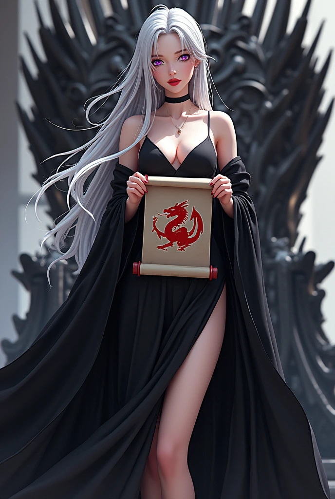 A cgi style image, like in games.
A woman in a black fabric dress.
long silver hair, sparkling violet eyes. Red mouth and thin lips, holding a scroll with the symbol of a red dragon.
The background of the scene is an iron throne.
anime styling