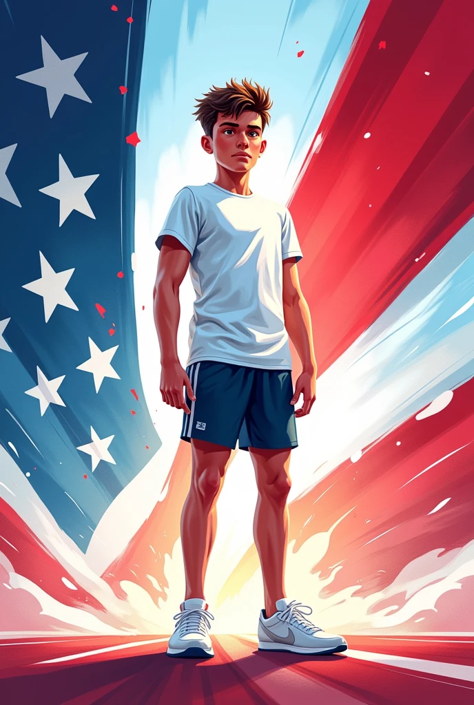 cover illustration for a digital magazine. Must contain the colors: red, White and blue. The sports practiced are athletics. Standard short sleeve t-shirt, shorts and white sneakers.