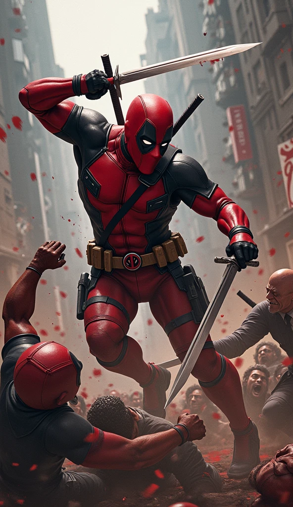 masterpiece, Highest quality, The best vantage point, Super detailed and intricate, Very delicate and beautiful, Highest quality light, (Ray Tracing:1.1),dead pool、Sword in both hands、Stabbing the enemy、Bloody、During fierce fighting、Knock down the enemy、DEADPOOL title logo in the background