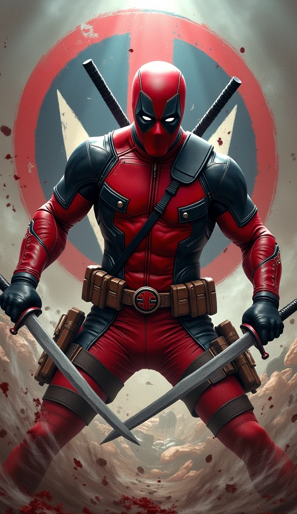 masterpiece, Highest quality, The best vantage point, Super detailed and intricate, Very delicate and beautiful, Highest quality light, (Ray Tracing:1.1),dead pool、Sword in both hands、Stabbing the enemy、Bloody、During fierce fighting、Knock down the enemy、DEADPOOL title logo in the background