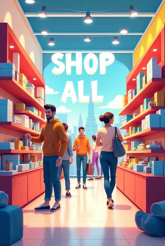 "SHOP ALL" should be prominently displayed in the image, and there should be essential items visible, giving the impression that people have come to shop.
And change the colour variation form previous photo
