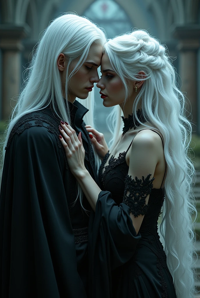 Un couple de beaux vampires aux cheveux blancs