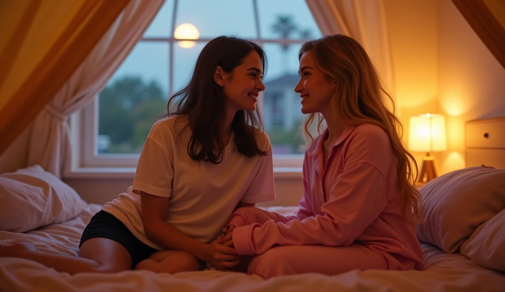 the best photo, the most realistic ,Clareza 4K, woman 1 latina, brown hair with shoulder length,18-years old ,White cotton shirt with black shorts, Delicate face, shoulder-length hair, ebony skin . woman 1 and woman 2 are in a tent inside the room , pajama party , they are in an all-female room, has a window with a view of the moon, it&#39;s night . American woman 2 , blonde hair with long length ,19yearsold ,pink pajamas, Delicate face, big hair , white skin