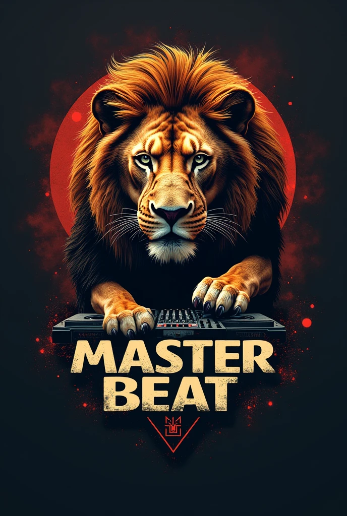 Logo for a DJ that says MASTERBEAT and in the background is the conquering lion taking care of a DJ