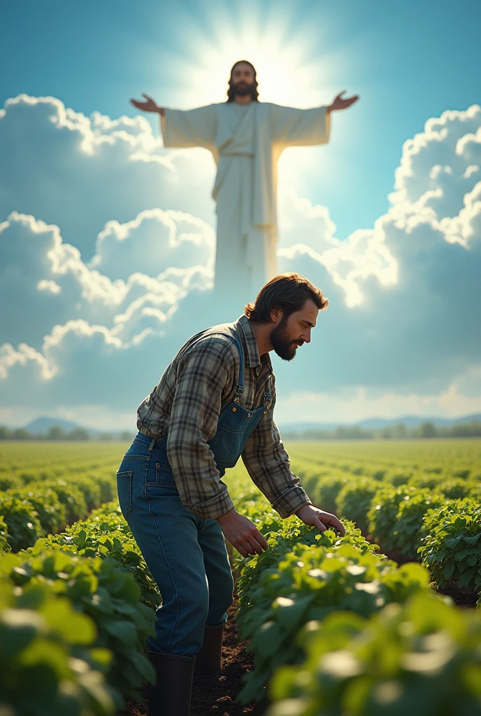 Can you visualize an image for a job?, of a farmer working in the fields and Jesus watching him from heaven. 
