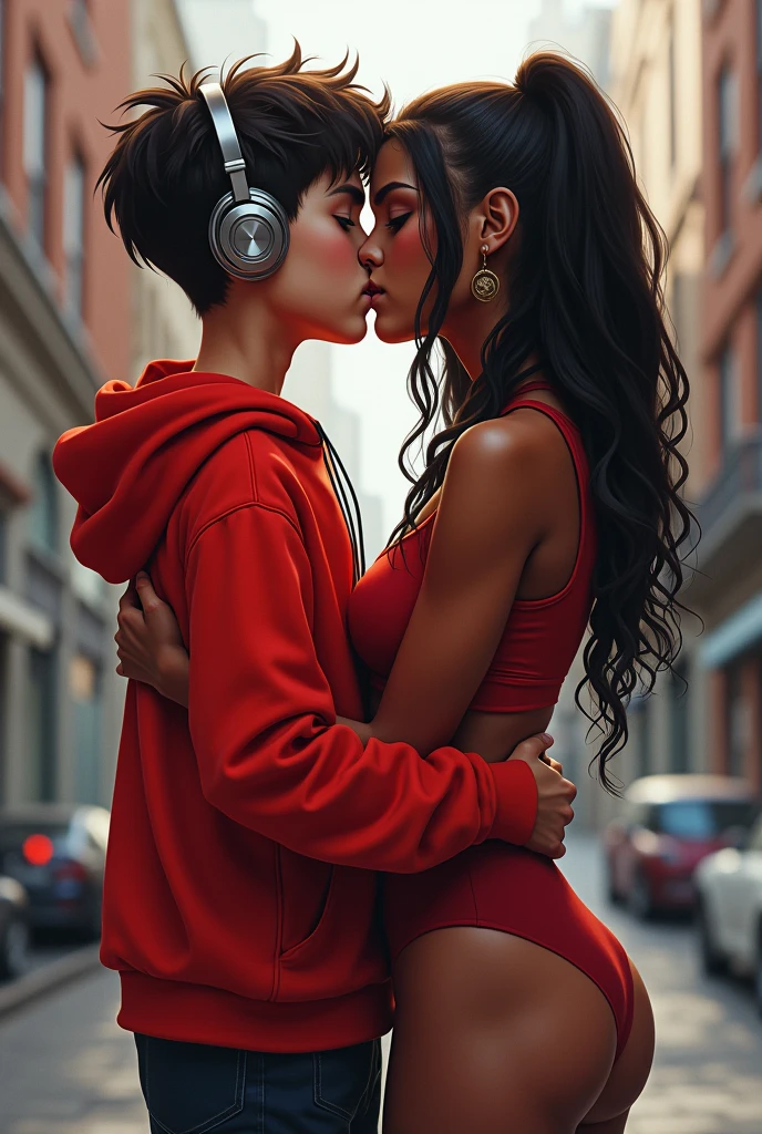 Young boy with red hoodie, headphones and tennis Vs. 2B (Big tits), power, fiction, full body, 2 person, Romance, Embrace, kiss, Realistic