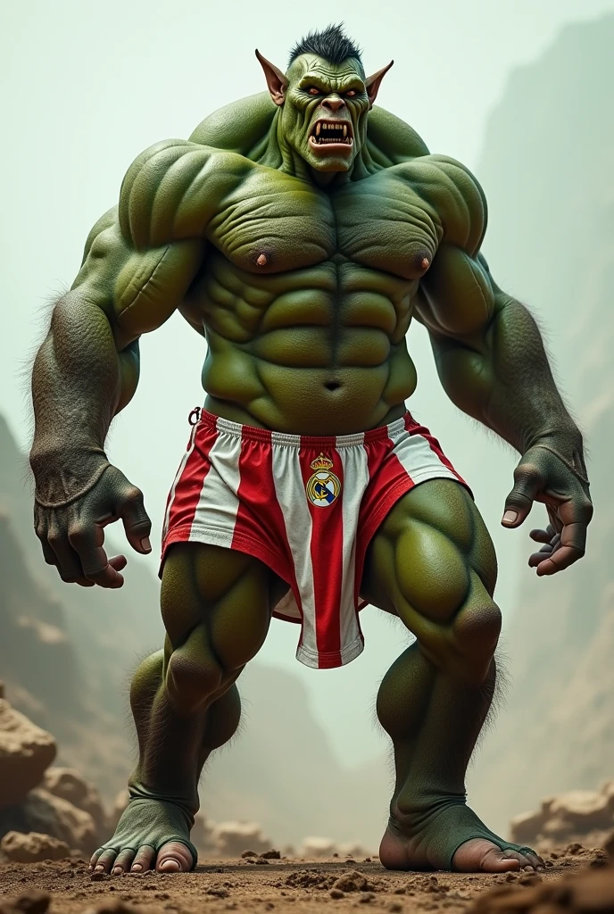 An orc wearing a Real Madrid bikini