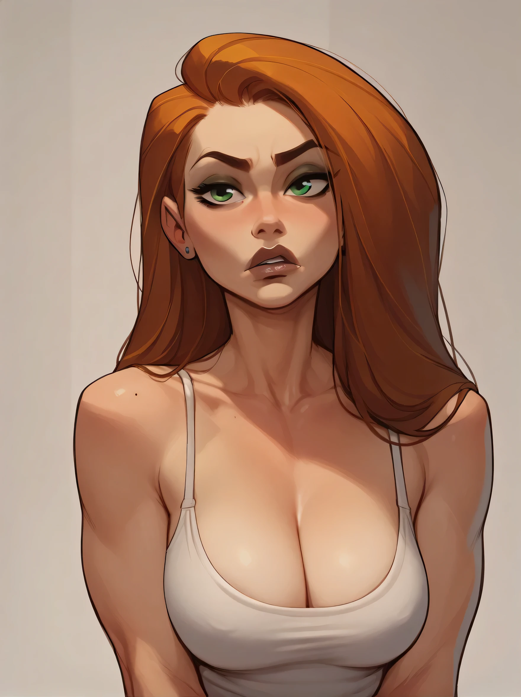 score_9, score_8_up,score_7_up, score_6_up, score_5_up, score_4_up, woman, best quality, highres, portrait, solo, beautiful, makeup, soft lips, kim possible, jealous, large cleavage,