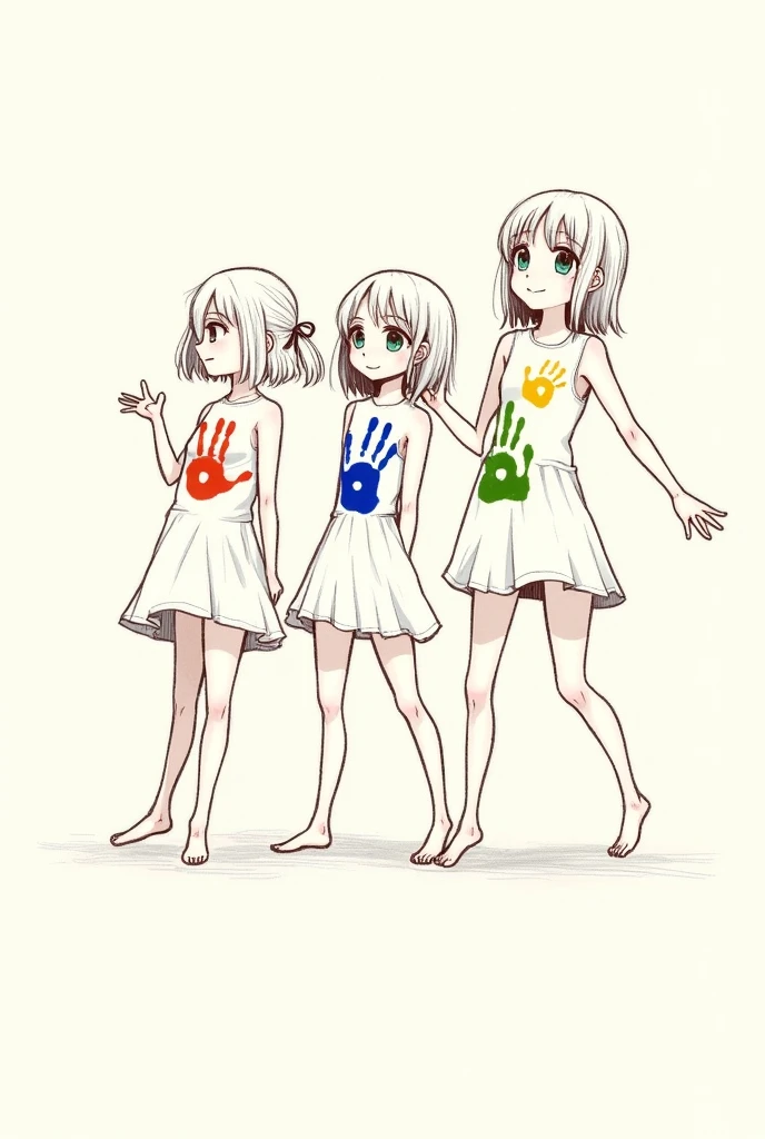 A simple drawing of three girls, two of them with several handprints on their bodies and one with only 2