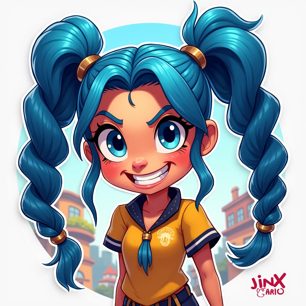 2D cartoon design of Jinx with long blue braided hair
