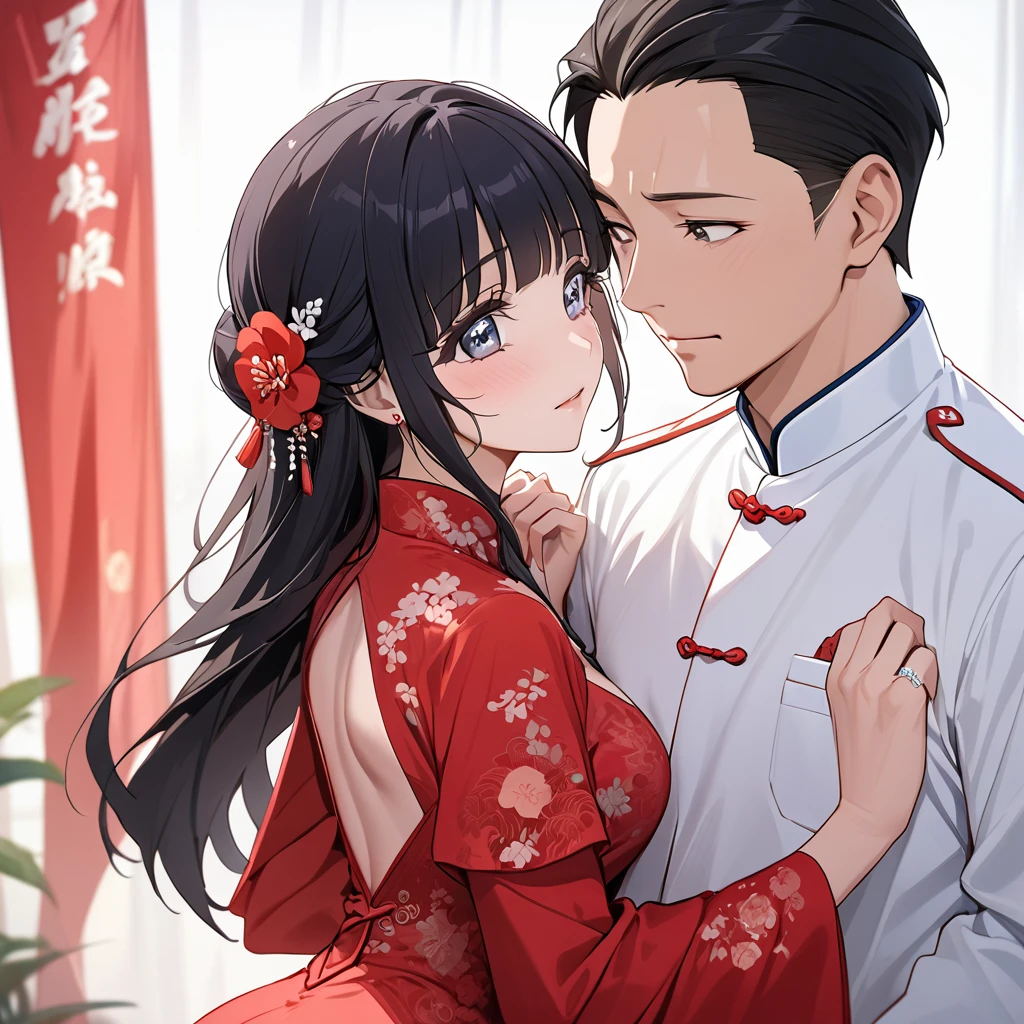 ((Highest quality)), ((masterpiece)), (detailed), (Perfect Face)、The woman is Aoki Reika, with medium-long hair, wearing a red Chinese wedding dress and an engagement ring.、The woman marries a middle-aged man who is a member of the Chinese Communist Party, becomes his wife, and becomes Chinese.