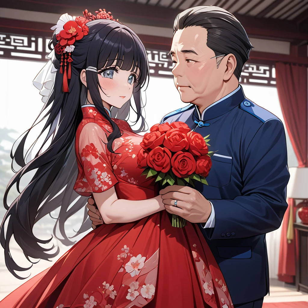 ((Highest quality)), ((masterpiece)), (detailed), （Perfect Face）、The woman is Aoki Reika, with medium-long hair, wearing a red Chinese wedding dress and an engagement ring.、The woman marries a middle-aged man who is a member of the Chinese Communist Party, becomes his wife, and becomes Chinese.