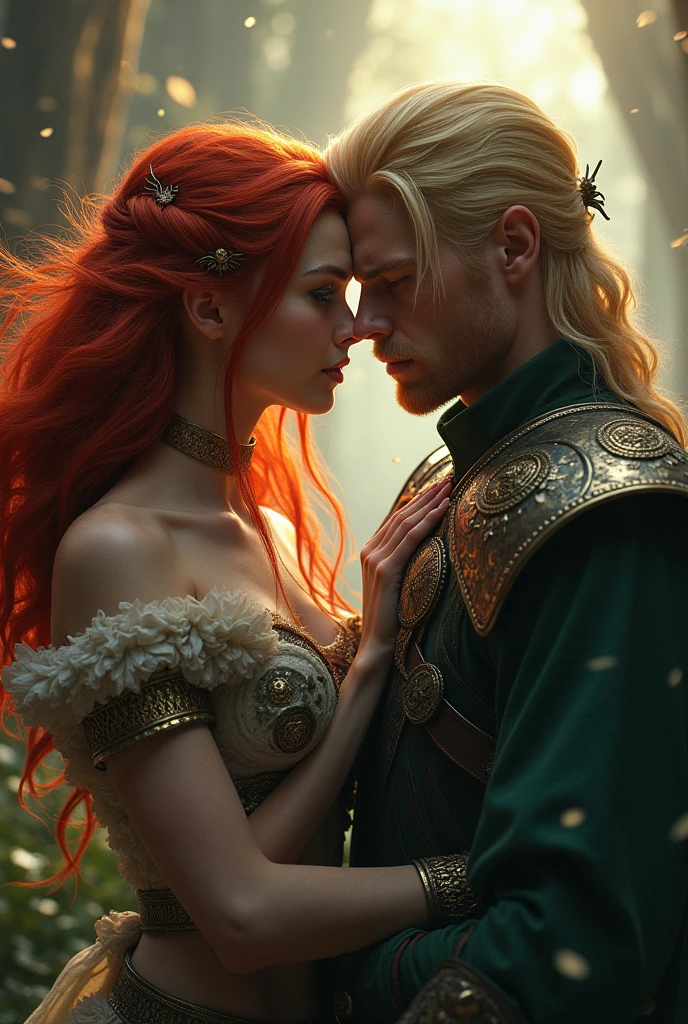 a beautiful warrior with red hair and green eyes, in a love triangle with two male warriors, one with long red hair and the other blonde seduces her change ghe face make them gorgeous man