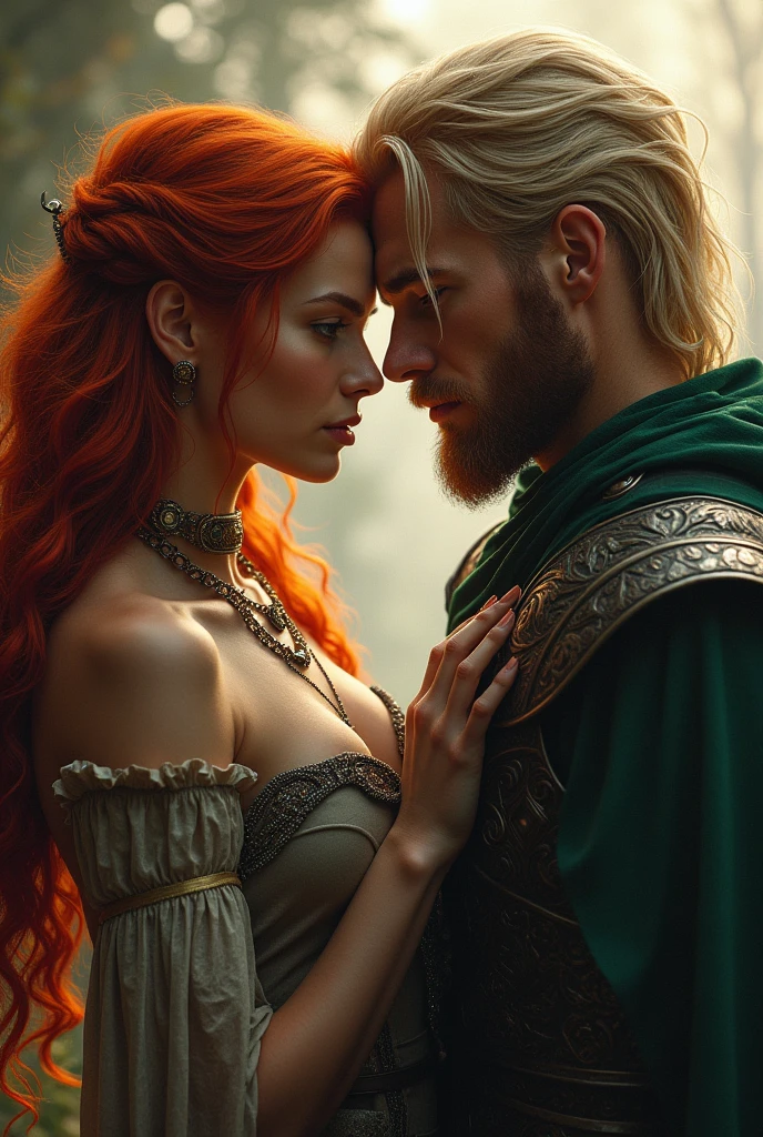 a beautiful warrior with red hair and green eyes, in a love triangle with two male warriors, one with long red hair and the other blonde seduces her change ghe face make them gorgeous man