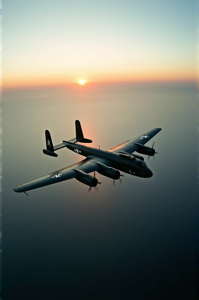 Aerial view of an American bomber in flight during the early morning hours, with the vast ocean below and a clear sky above, heading towards Hiroshima in 1945.