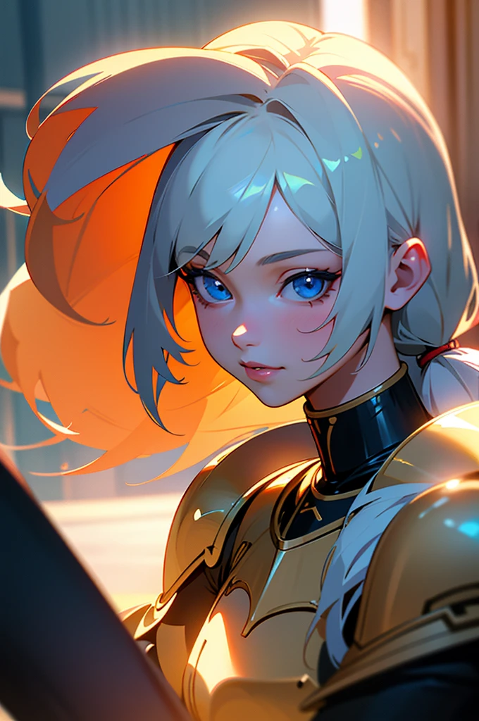 a close up of a woman in armor holding a sword, Paladin, Female knight, gorgeous female paladin, Armor Girl, of a beautiful female knight, bikini armor female knight, beautiful female knight, picture of female paladin, fantasy paladin woman, portrait knight female, portrait of female paladin, girl in knight armor, heavy white and golden armor (Best quality,4K,8K,A high resolution,Masterpiece:1.2),Ultra-detailed,(Realistic,Photorealistic,photo-realistic:1.37),Long flowing orange hair, Blue eyes pose for photos, Anime girl, asuka langley sohryu, asuka, Popular on Pixiv, Popular on artstation, double tails, (Anime girl), Digital artwork on Pixiv, About tomorrow's popularity with Pranley Soru on Pixiv, Vibrant colors, vibrant lighting (Best quality,4K,8K,A high resolution,Masterpiece:1.2),Ultra-detailed,(Realistic,Photorealistic,photo-realistic:1.37), Anime style, long whitr hair, Blue eyes, A girl with blue eyes and long blonde hair stares into the camera, Perfect blonde girl, Young girl with white hair, girl with beautiful white hair, Cute anime girl with blonde hair, Woman with blonde hair, Girl with blonde hair, Young woman with anime aesthetics,female anime character, from girls' frontline.your legs,With an evil smile