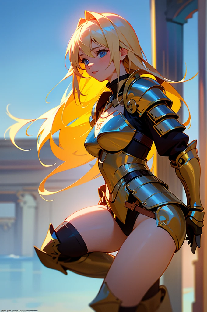 (masterpiece),(best quality),(ultra-detailed),(best illustration),(best shadow),(absurdres),(detailed background),(very aesthetic), 1girl, solo, long-hair, blonde-hair, armor, breasts, navel, boots, looking-at-viewer, cleavage, medium-breasts, armored-boots, midriff, bare-shoulders, simple-background, antenna-hair, high-heels, green-eyes, standing, hair-ornament, gauntlets, greaves, bikini-armor, skirt, gloves, collarbone, blue-eyes, very-long-hair, aqua-eyes, high-heel-boots, floating-hair, smile elbow-gloves, ((golden armor))