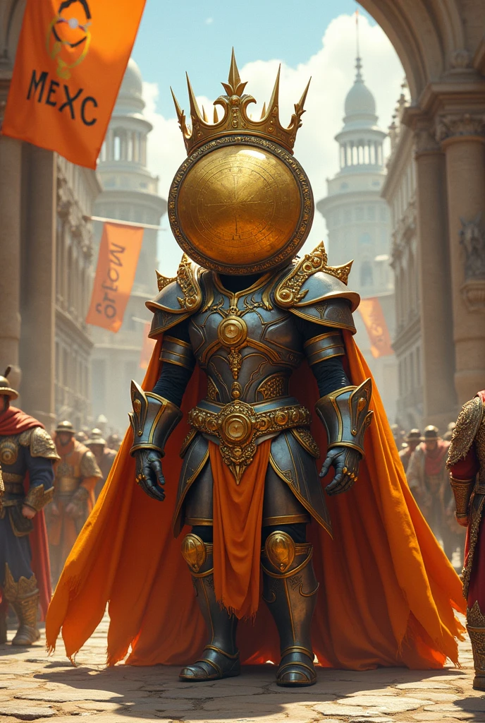 A king whose head is big and looks like a coin and has orange armor and a beautiful crown enters the city. At the entrance of this city , there is a flag written "MEXC"