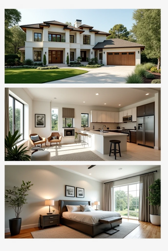 beautifully designed collage showing different aspects of a modern, modern home. The collage includes the following views: a two-story house exterior with a landscaped front yard, a bright and spacious living room with contemporary furniture, a sleek and modern kitchen with an island and stainless steel appliances, and a cozy bedroom with a king-sized bed and soft, neutral decor. Each view is arranged in a visually pleasing way within the frame, with subtle borders separating each section."