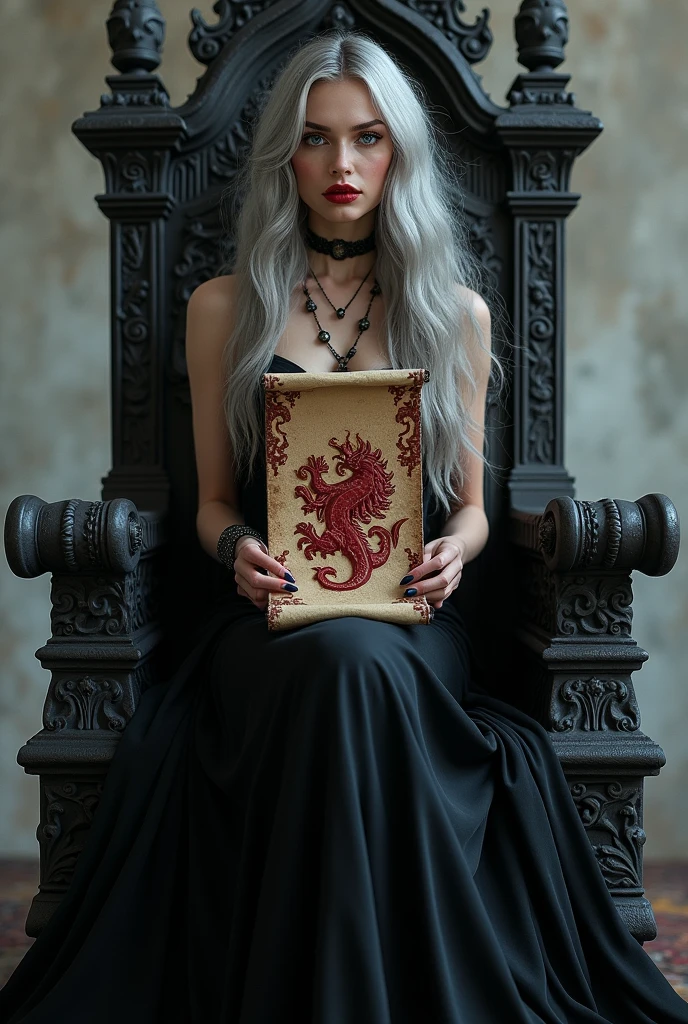 A woman in a black fabric dress.
long silver hair, sparkling violet eyes. Red mouth and thin lips, holding a scroll with the symbol of a red dragon.
The background of the scene is an iron throne.