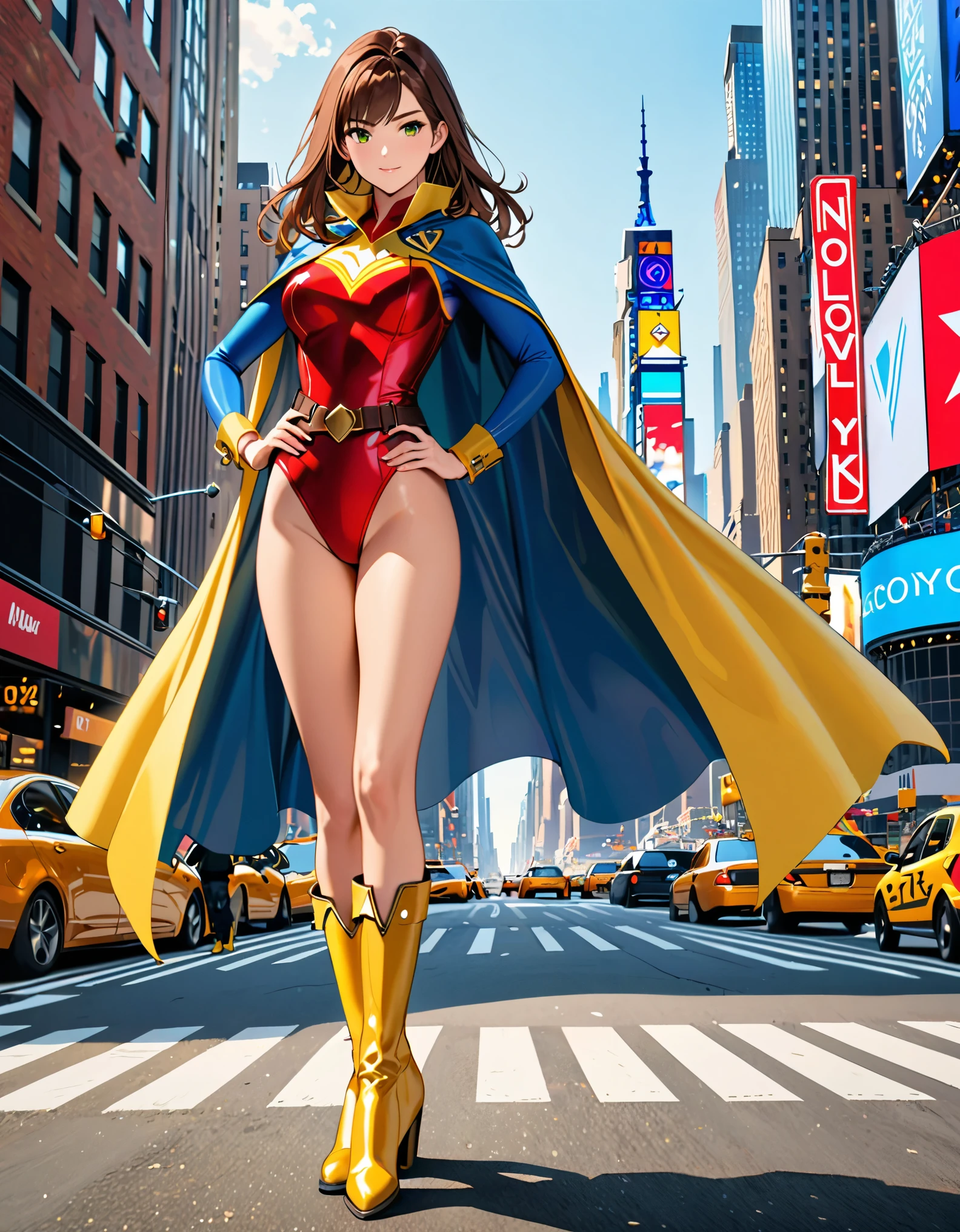 (masterpiece), (best quality), (high res), 1lady, tall body, highly detailed, professional, beautiful detailed eyes, beautiful detailed face, perfect hands, complete fingers, perfect anatomy, perfect proportions, ((brown hair, medium hair, hair down)), ((green eyes)), ((leotard, red leotard, matching leotard, bare legs)), ((boots, matching boots, knee-high boots, yellow boots)), breasts, medium breasts, (full body portrait), looking at viewer, solo, solo focus, standing, one hand on hip, cowboy shot, new york backdrop, ((belt, tight belt)), (blue sleeves, yellow cuffs), (yellow hawk (symbol) on chest), (medium cape, light blue cape), full body costume design.