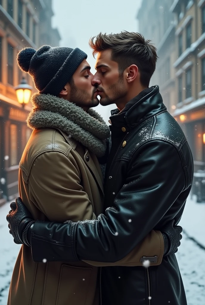 2 anime 20 year old boys kissing. Both are wearing winter clothes cause its snowing. One is a photographer and the other is a gangster. 