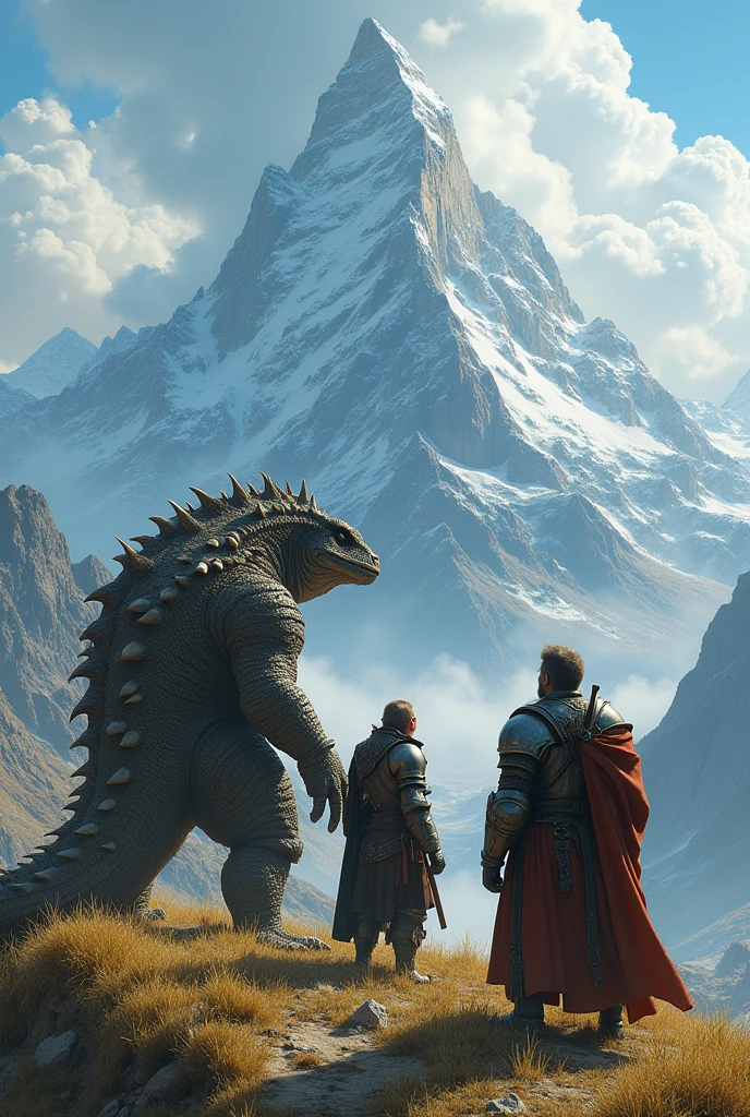 Make a big field full of grass, and next to the image a trio with a dwarf, a lizard man and a knight, looking at the blue sky and admiring the mountain range in the background. Make the lizard man very big and scaly, the biggest and most realistic knight, and the most realistic dwarf , with dark elements, but maintaining the beauty of the mountain range. The Lizard Man and an Armored Humanoid, the slightly smaller dwarf, and with more realistic and obscure details