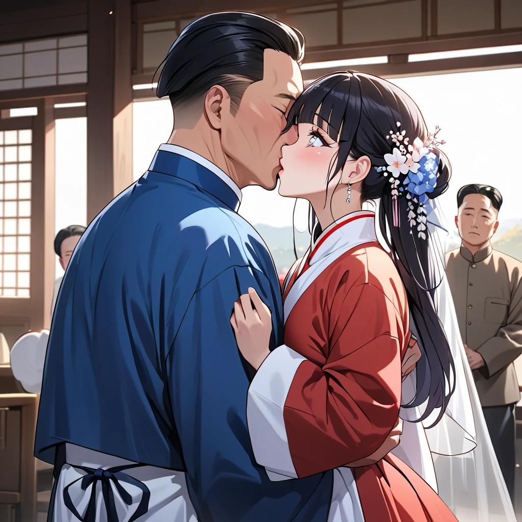 ((Highest quality)), ((masterpiece)), (detailed), (Perfect Face)、The woman is Reika Aoki with semi-long hair、The woman is wearing a North Korean traditional traditional dress and is holding a kiss and vows with a middle-aged North Korean man to get married.