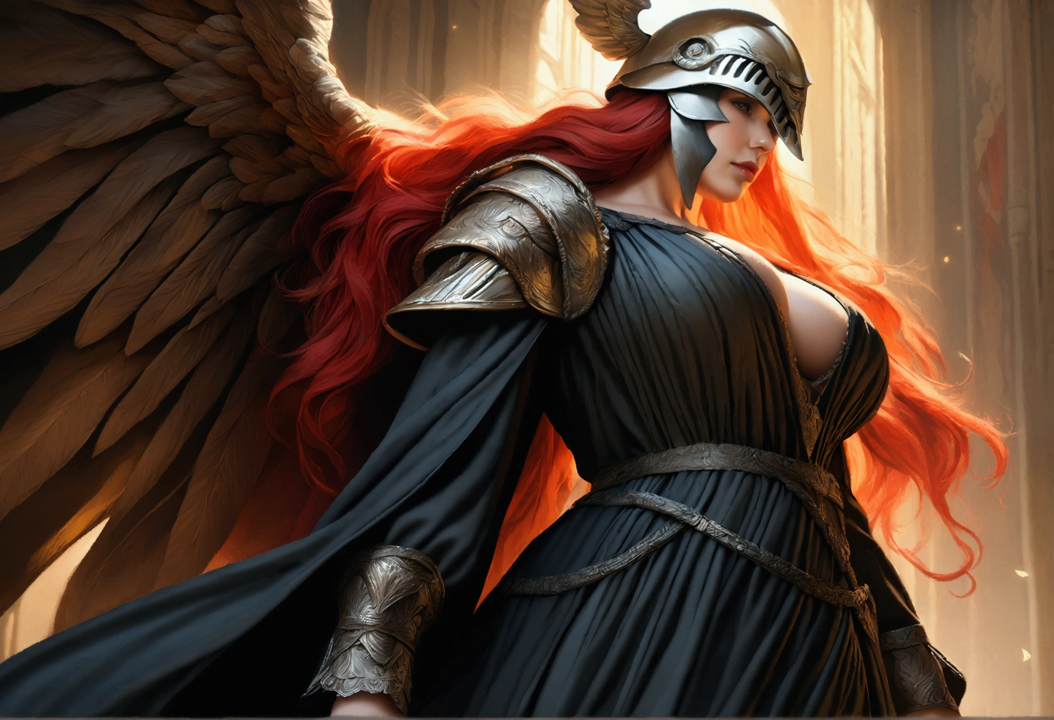 a tall woman with long red hair, perfect curvy body, large breasts, wearing a black dress, helmet, and wings, digital art, photorealistic, renaissance painting style, intricate details, cinematic lighting, highly detailed, 8k, realistic, masterpiece