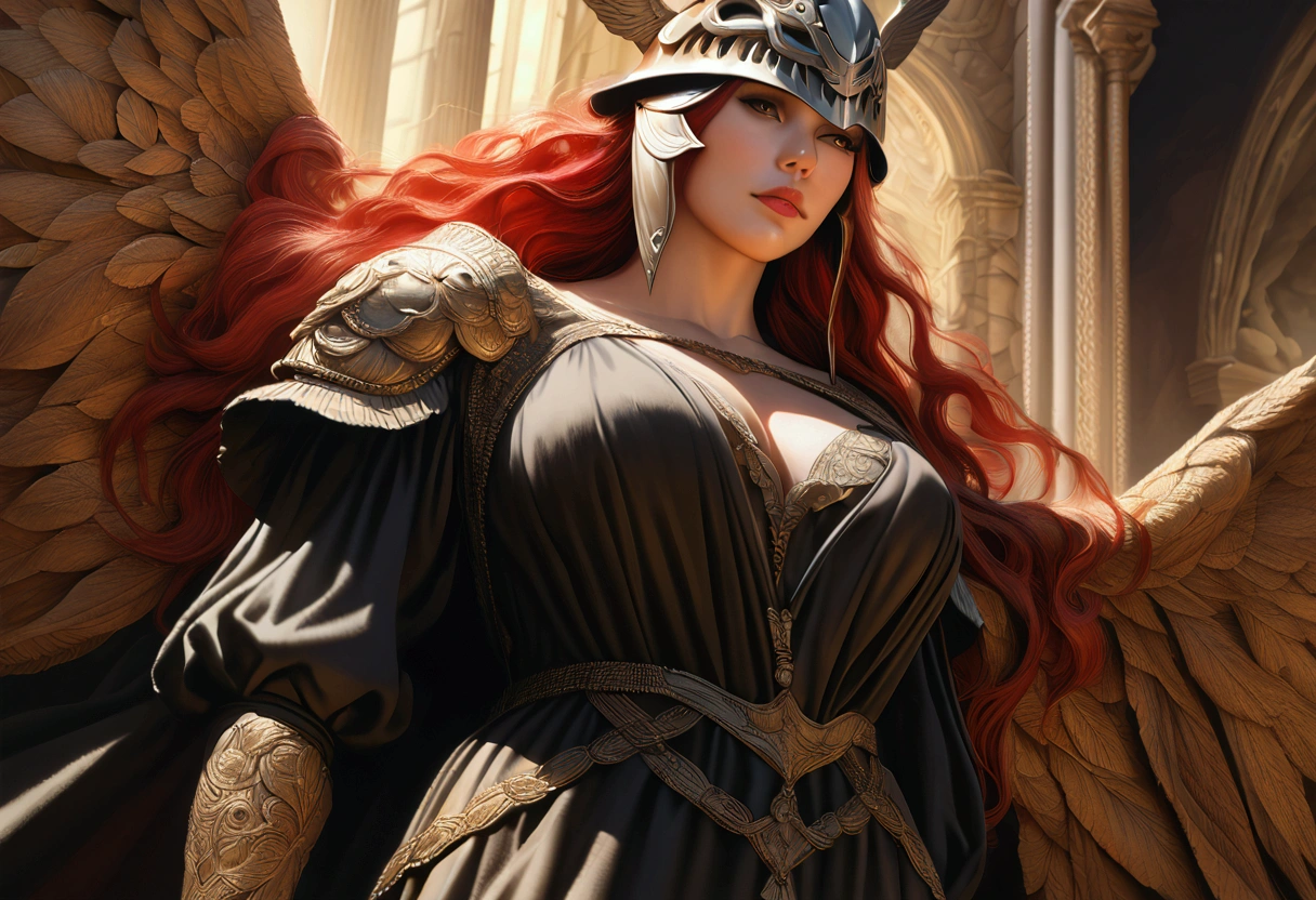 a tall woman with long red hair, perfect curvy body, large breasts, wearing a black dress, helmet, and wings, digital art, photorealistic, renaissance painting style, intricate details, cinematic lighting, highly detailed, 8k, realistic, masterpiece