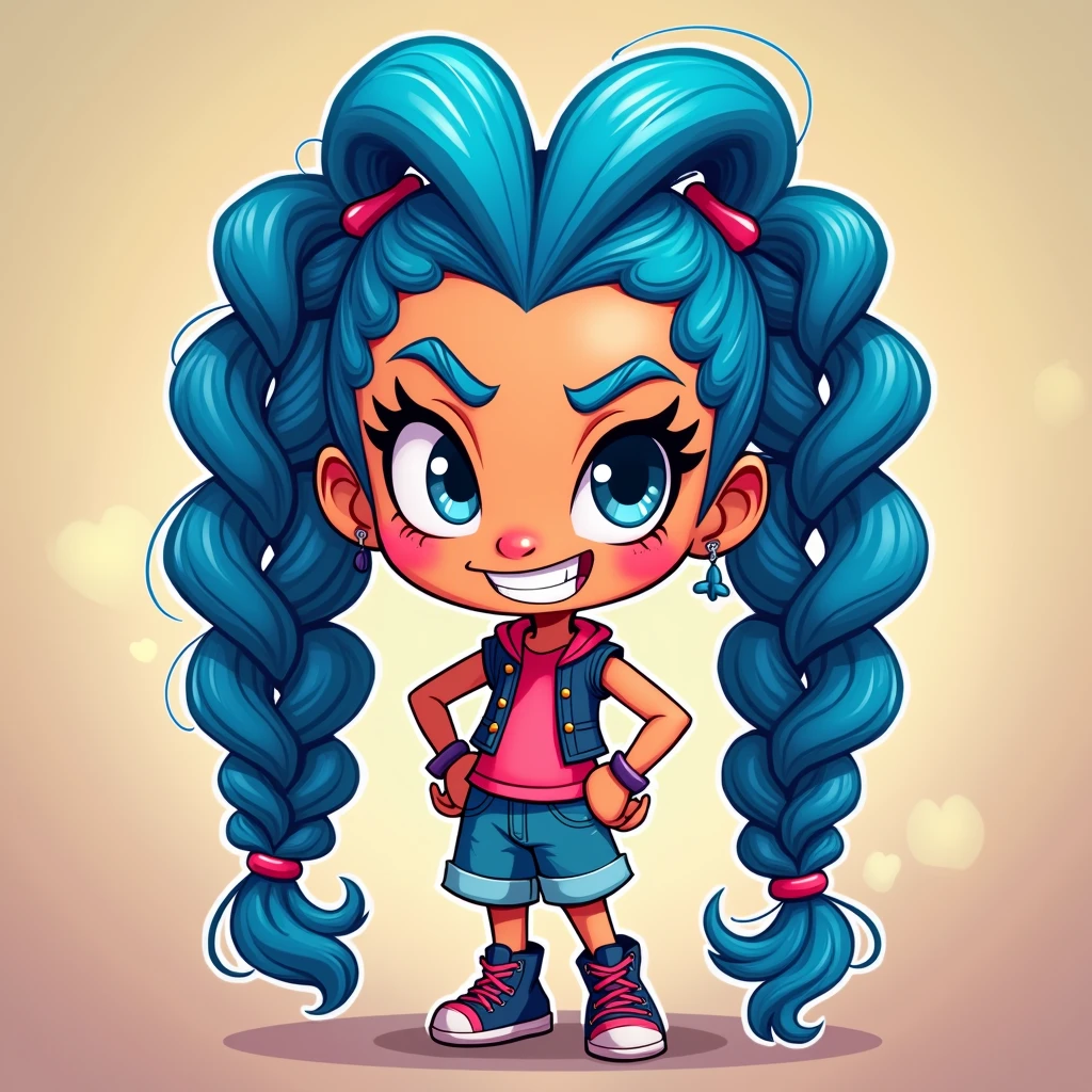 2D cartoon design of jinx character with long and blue braided hair
