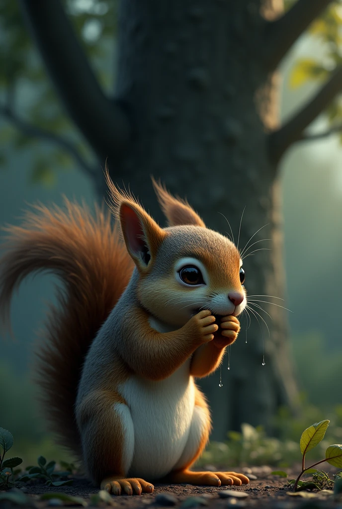 A male squirrel shedding many tears while looking at a tree 