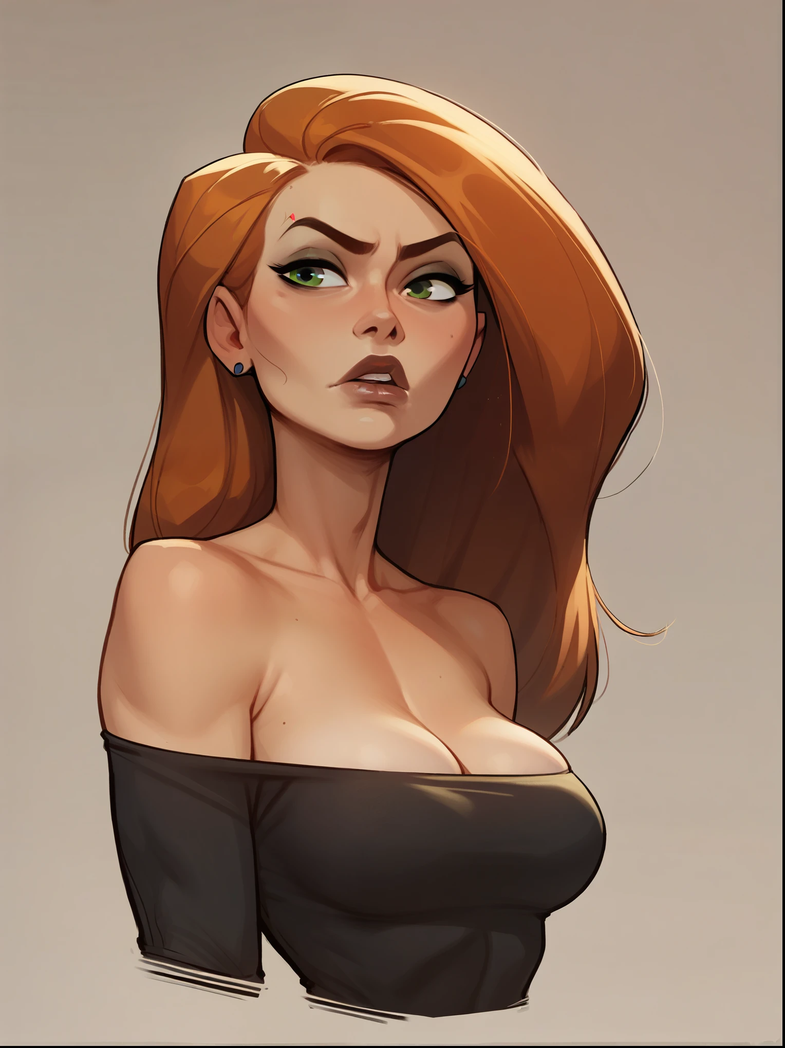 score_9, score_8_up,score_7_up, score_6_up, score_5_up, score_4_up, woman, best quality, highres, portrait, solo, beautiful, makeup, soft lips, kim possible, jealous, large cleavage,