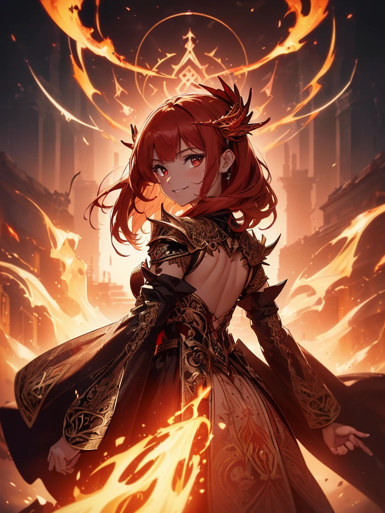 (((best quality, sharp image, clear image, cinematic lighting, 8k resolution, masterpiece, ultra detailed, intricate))) Girl, sorcerer, cute, intricate dress, smiling, fiery red, ((intricate background)), (rune frame), dimension, ((shot from behind)), fire sigils, chaotic background.