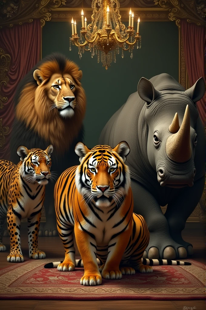 Baroque room full of wild animals, tigre, Lion, leopard, rhino, Rembranth style