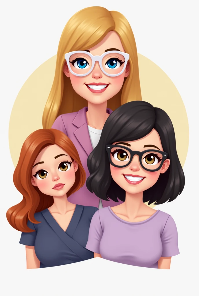 create three cheerful teacher avatars bitmoji style. A blue-eyed teacher with long hair, of blond and straight color, she wears white-framed glasses. A teacher has black hair, Medium & Smooth, wears glasses and has black eyes. A very white teacher, shoulder length reddish brown wavy hair Brown eyes and very sweet and gentle, lilac clothing