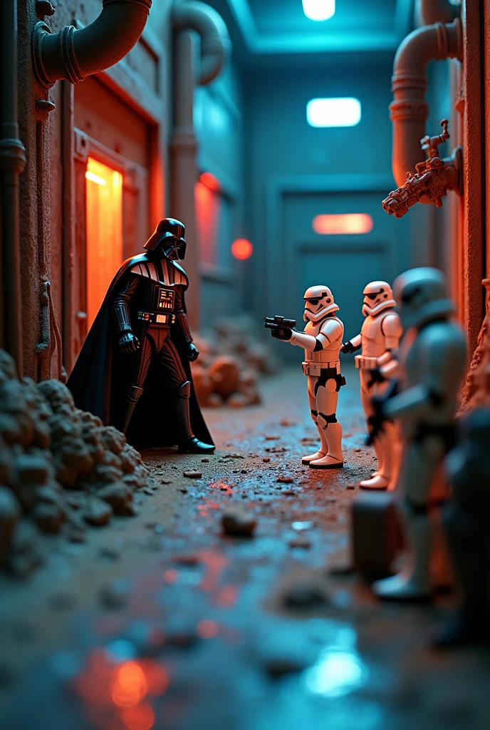 Star Wars photography with homemade scenery, with toy characters and visible LED lights
