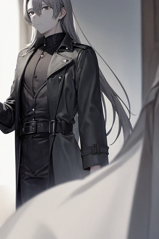 One young man, solo, long hair, dark grey hair, grey skin, grey skin, black eyes, dark grey coat, trench coat, silver chestplate, grey kimono, looking at the camera.
