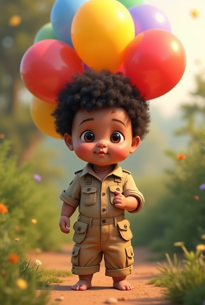 8 month old baby holding balloons in safari outfit black curly cropped hair dark round eyes pouty closed mouth Pixar 3d