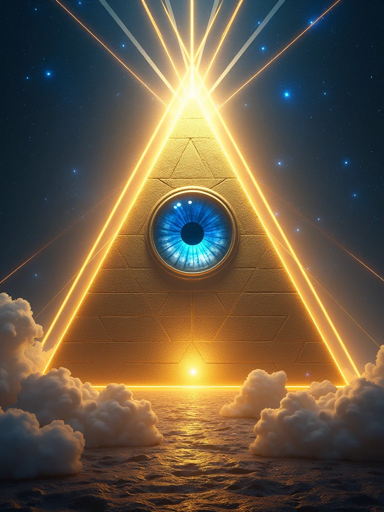 Aqui está o prompt baseado na imagem que você forneceu:

```
"Create an image of a golden pyramid with intricate, textured details. In the center of the pyramid, there is a large, realistic blue eye that appears to be gazing forward. Surrounding the pyramid are radiant beams of golden light, forming geometric patterns that give a sense of symmetry and balance. The background should be cosmic, with deep blues and purples, adding a mystical and ethereal atmosphere. The overall style should be detailed and dramatic, with a focus on the contrast between the glowing light and the dark, space-like background."
```

Esse prompt descreve a pirâmide com o olho central e os efeitos de luz dourada, em um fundo cósmico.