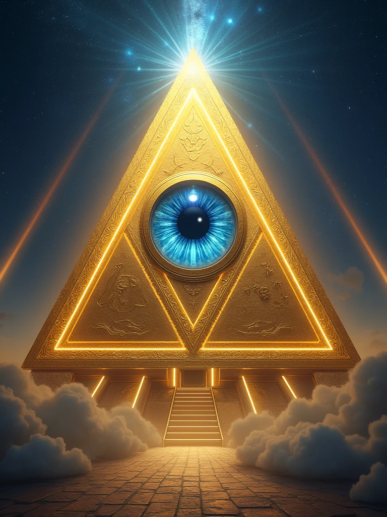 Aqui está o prompt baseado na imagem que você forneceu:
```
"Create an image of a golden pyramid with intricate, textured details. In the center of the pyramid, there is a large, realistic blue eye that appears to be gazing forward. Surrounding the pyramid are radiant beams of golden light, forming geometric patterns that give a sense of symmetry and balance. The background should be cosmic, with deep blues and purples, adding a mystical and ethereal atmosphere. The overall style should be detailed and dramatic, with a focus on the contrast between the glowing light and the dark, space-like background."
```
Esse prompt descreve a pirâmide com o olho central e os efeitos de luz dourada, em um fundo cósmico.