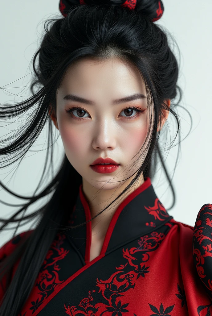 1 girl, Woman, bonitas, tenebrosa, Chinese Costume Armor, ((2.5D)), Bblack hair, floating hair, Delicate Eyes, antique black and red damask Hanfu, fov, (F1.8), (tabletop), (Portrait photo), frontal photo, white background, (cinema poster)